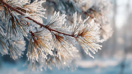 Pine branches covered with hoarfrost in winter forest closeupの写真素材