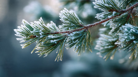 Pine branches covered with hoarfrost in the forest. Winter backgroundの写真素材