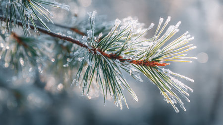 Pine branches covered with hoarfrost in the forest. Winter backgroundの写真素材