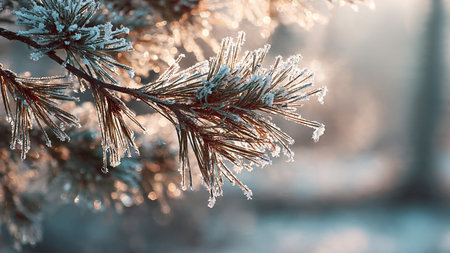 Pine branches covered with hoarfrost in winter forest. Winter backgroundの写真素材