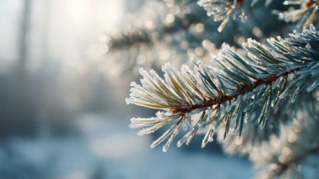 Pine branch covered with hoarfrost. Beautiful winter background.の写真素材