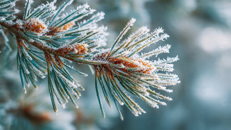 Pine tree branch covered with hoarfrost. Winter background.