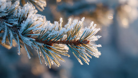 Pine branches in hoarfrost close-up. Winter backgroundの写真素材