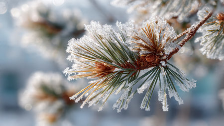 Pine branches covered with hoarfrost and snow. Winter background