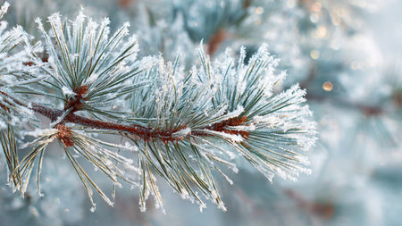 Pine branches covered with hoarfrost close up. Winter background
