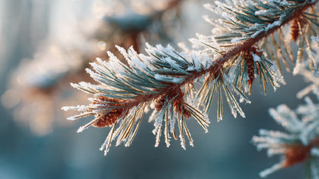Pine tree branch covered with hoarfrost. Winter background.の写真素材