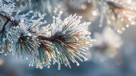 Pine branch covered with hoarfrost on a blurred background.