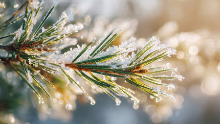 Pine branch covered with hoarfrost in the winter forest.の写真素材