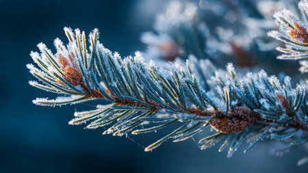 spruce branch covered with hoarfrost on a dark blue background