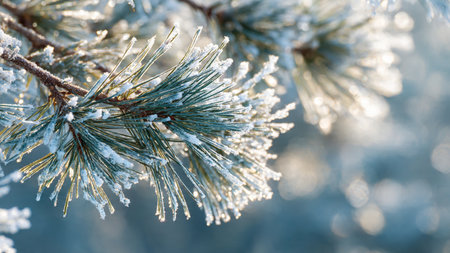 Pine branches covered with hoarfrost in winter forest. Winter backgroundの写真素材