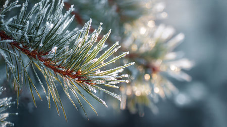 Spruce branch covered with hoarfrost, close-up.