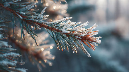 Pine branch covered with hoarfrost. Winter nature background.
