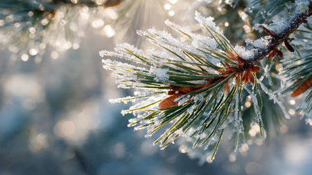 Pine branch covered with hoarfrost and snow. Winter backgroundの写真素材