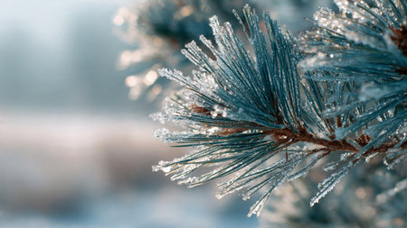 Frosty pine branch in winter. Close-up. Macroの写真素材