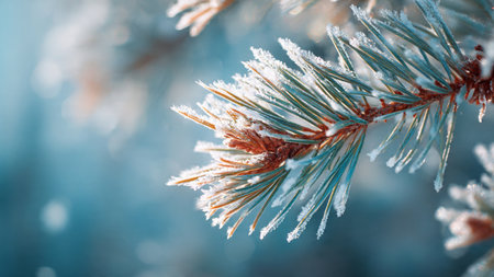 Pine branches covered with hoarfrost and snow. Winter backgroundの写真素材