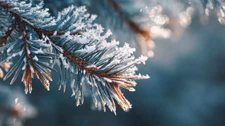 Pine branch covered with hoarfrost in the winter forest.の写真素材