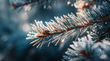 Frosty pine tree branch close-up. Winter background.の写真素材