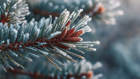Pine branches covered with hoarfrost. Close-up.の写真素材
