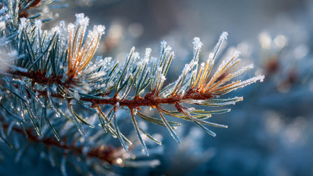 Pine branch covered with hoarfrost close-up. Winter backgroundの写真素材