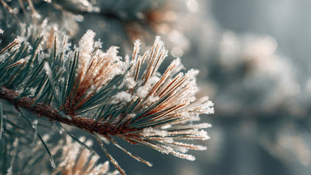 Spruce branches covered with hoarfrost closeup. Winter backgroundの写真素材