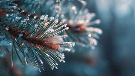 The branches of a Christmas tree are covered with hoarfrost.の写真素材
