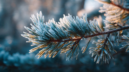 Pine branch covered with hoarfrost in the winter forest.の写真素材
