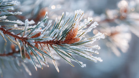 Pine branches covered with hoarfrost. Winter background. Selective focus.