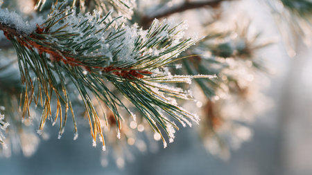 Pine branch covered with hoarfrost on a blurred background.の写真素材