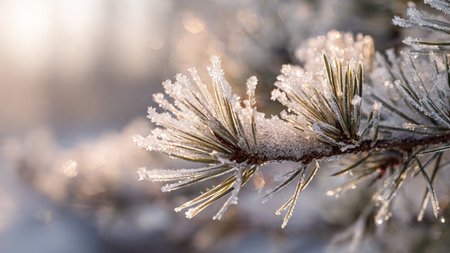 Pine branch covered with hoarfrost. Beautiful winter background.の写真素材