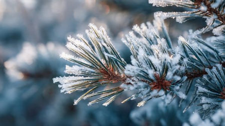 Spruce branches in hoarfrost close-up. Winter backgroundの写真素材