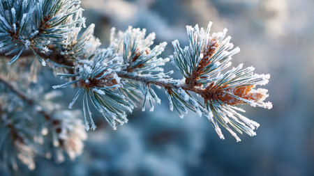 Pine branches covered with hoarfrost, close-up.の写真素材