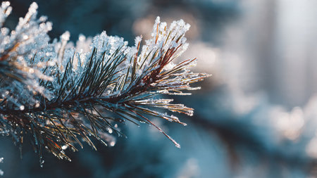 Pine branch covered with hoarfrost. Winter background. Close-up.の写真素材