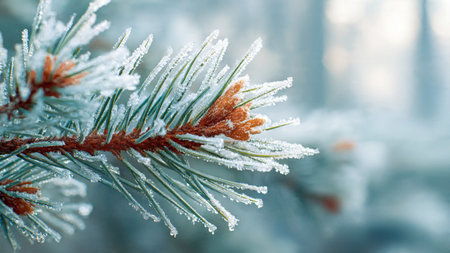 Pine branches covered with hoarfrost. Winter background. Shallow depth of field.