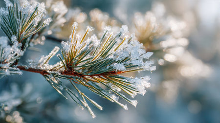 Pine branches covered with hoarfrost and snow. Winter background