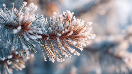 Pine branches covered with hoarfrost in the winter forest.