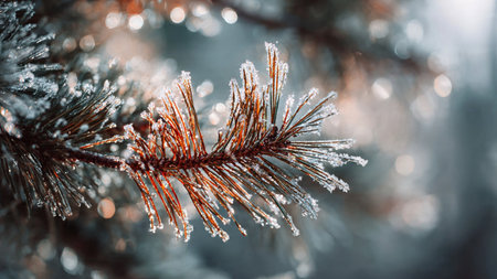 Pine branches covered with hoarfrost. Winter forest. Christmas backgroundの写真素材