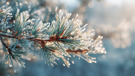 Pine branches covered with hoarfrost. Close-up. Winter background.