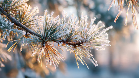 Pine branches covered with hoarfrost in the forest. Winter backgroundの写真素材