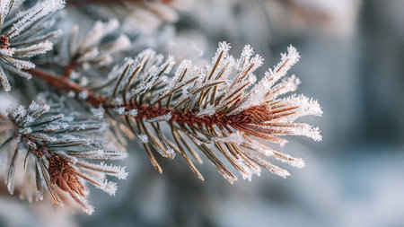 Fir branches covered with hoarfrost in winter forest closeupの写真素材