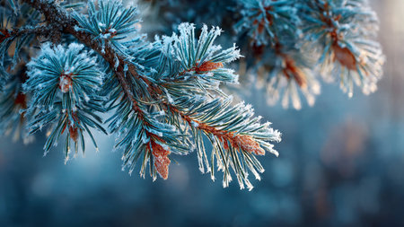 Pine branches covered with hoarfrost and snow. Winter backgroundの写真素材