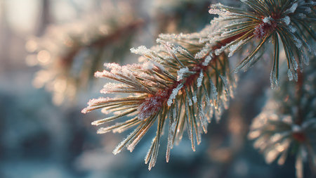 Pine branches covered with hoarfrost in the winter forest.