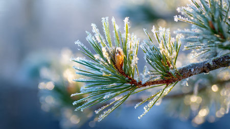 Pine branch covered with hoarfrost and snow in the winter forest