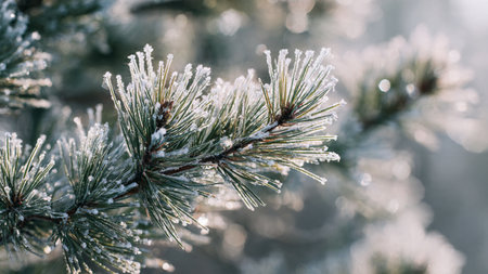 Pine branches covered with hoarfrost, close-up.の写真素材