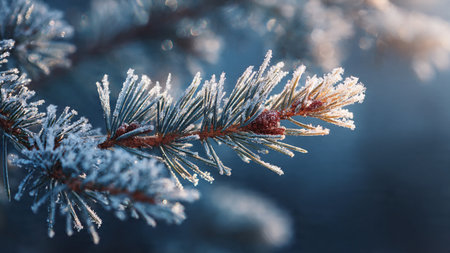 Fir branch covered with hoarfrost on a dark blue backgroundの写真素材