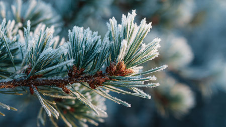 Pine branch covered with hoarfrost close up. Winter backgroundの写真素材