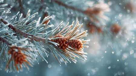 Pine branches covered with hoarfrost and snow. Winter backgroundの写真素材