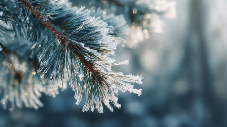Pine branches covered with hoarfrost in the winter forest.