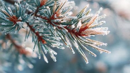 Pine branch covered with hoarfrost close-up. Winter background