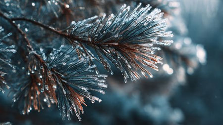 Pine branches covered with hoarfrost close-up. Winter backgroundの写真素材