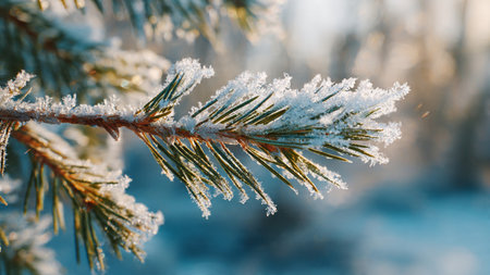 Pine branches covered with hoarfrost in the winter forest.の写真素材